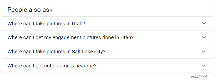 People also ask box showing results related to photography locations in utah search